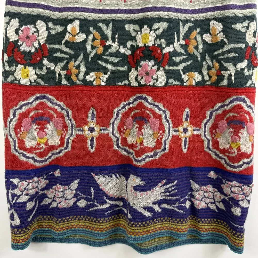 Anthropologie Moth Chava Embroidered Folk Bird Floral Knit Skirt Small Bohemian